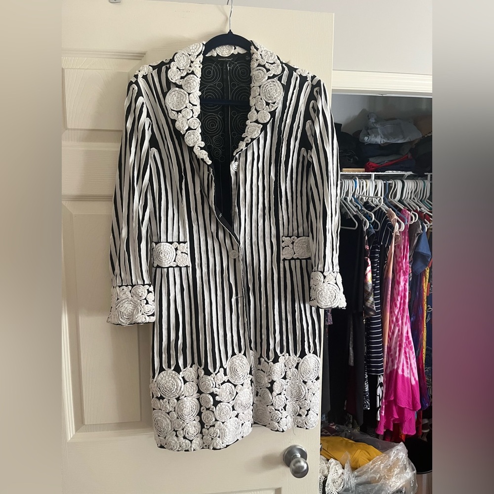 Samuel Dong Navy and White Floral Embroidered Jacket